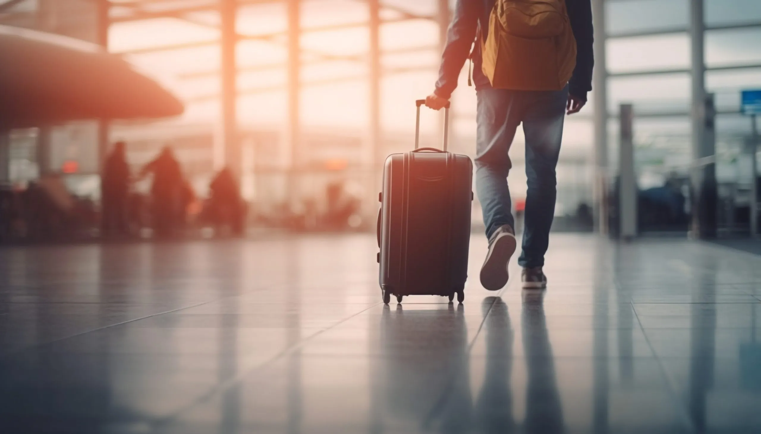 Empresario esperando en el aeropuerto, un reflejo de los viajes de negocios que impulsan las tendencias hoteleras para 2026.