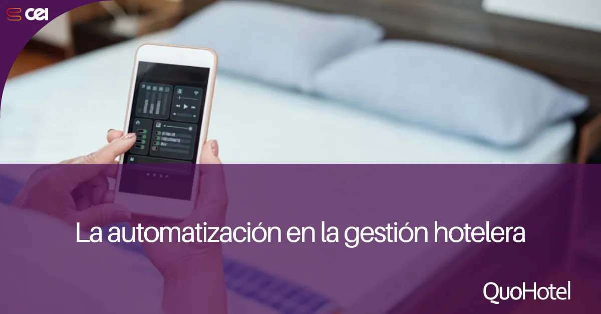 Ilustración de un hotel moderno con iconos que representan la automatización en la recepción, habitaciones y gestión interna.