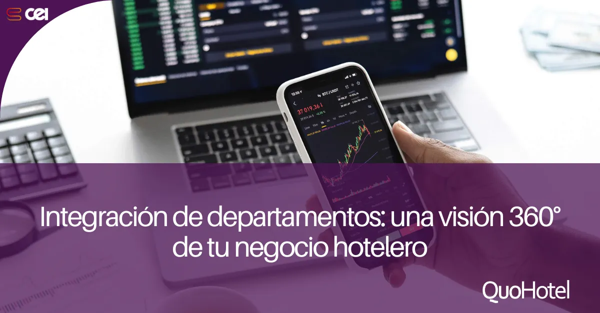 Infografía que muestra la integración de departamentos hoteleros para una visión 360 del negocio y mejora de la experiencia del huésped.