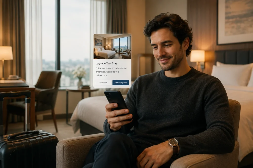 Huésped de hotel recibiendo una notificación personalizada en su móvil durante la estancia