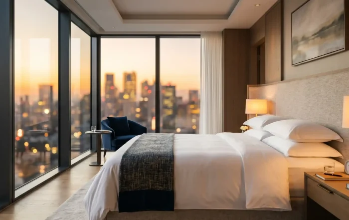 A freshly made hotel bed with crisp white linen, two bedside lamps on, floor-to-ceiling windows showing a blurred city skyline at golden hour. No people. Photorealistic, interior architecture photography style, warm and airy atmosphere.