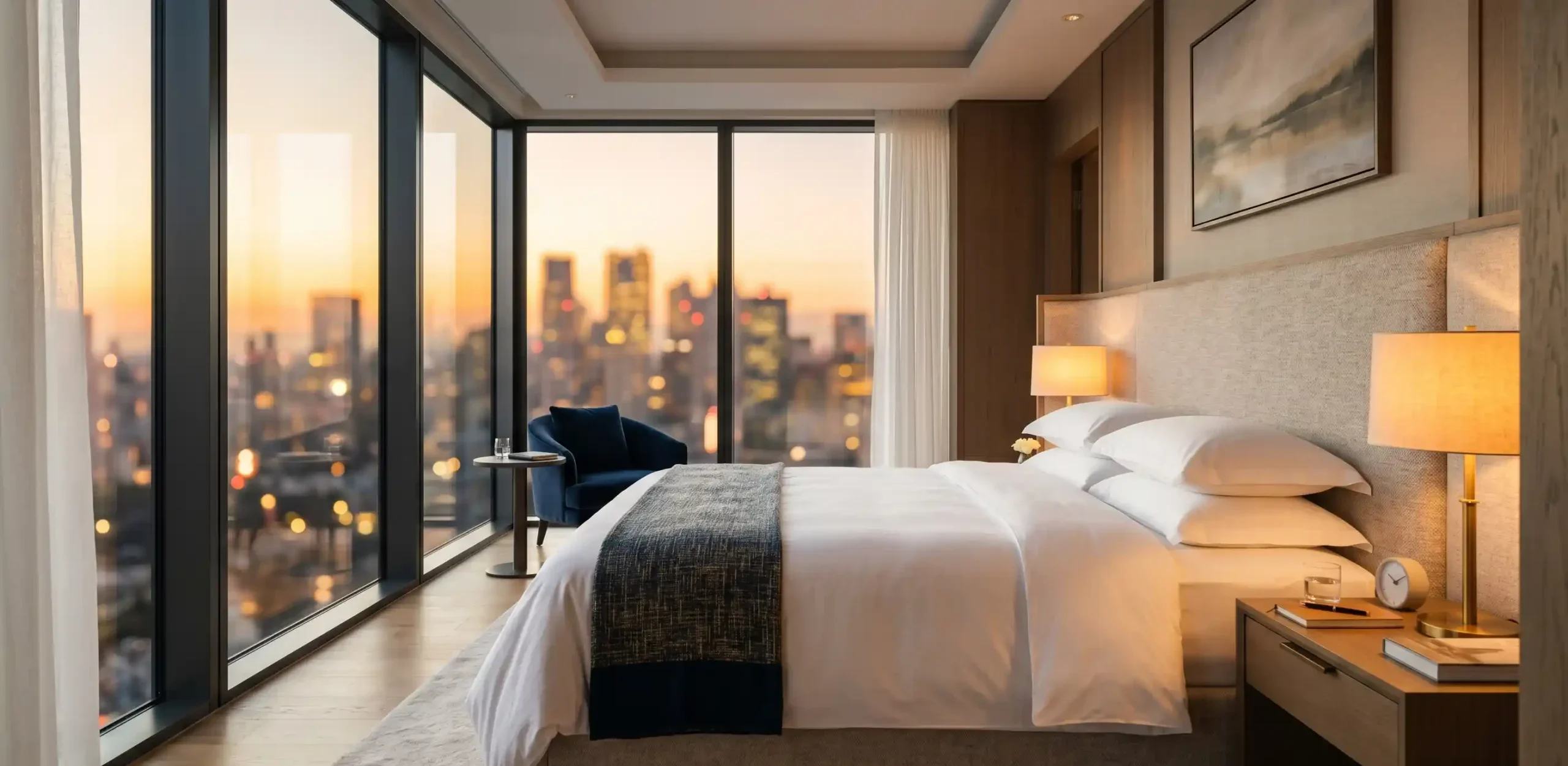 habitacion-hotel-lujo-vista-ciudad-02 A freshly made hotel bed with crisp white linen, two bedside lamps on, floor-to-ceiling windows showing a blurred city skyline at golden hour. No people. Photorealistic, interior architecture photography style, warm and airy atmosphere.