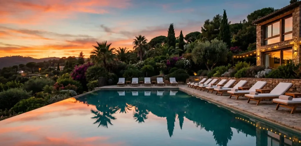 A boutique hotel outdoor pool at sunset, sun loungers perfectly aligned, calm water reflecting warm sky colors, lush greenery in background. No people. Photorealistic, travel editorial photography, rich saturated tones.