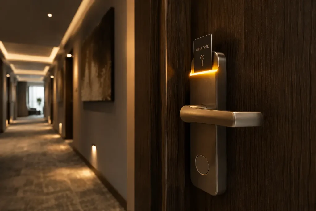 Huésped usando su móvil para el acceso a la habitación del hotel, agilizando el check-in digital y la llegada sin contacto.