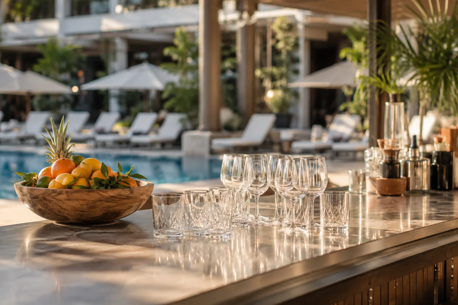 Bar de piscina de hotel con TPV integrado que agiliza el servicio y la gestión de cobros de consumiciones para los huéspedes.