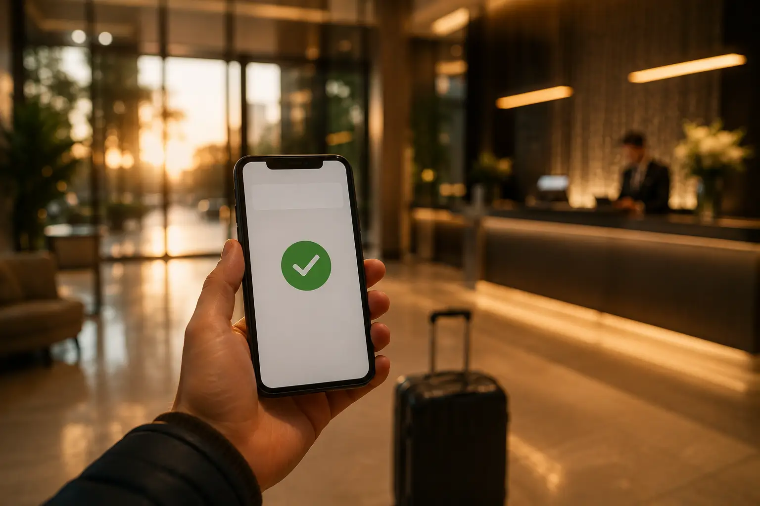 Huésped completando el check-in online desde su móvil antes de llegar al hotel, agilizando el proceso de entrada y mejorando la experiencia de llegada.