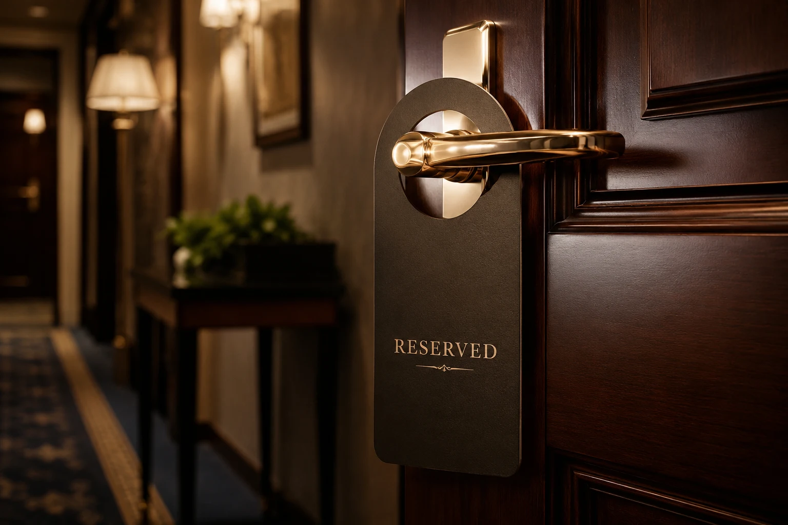 Puerta de habitación de hotel con cartel de 'reservado', simbolizando una gestión de revenue management exitosa y lujosa.