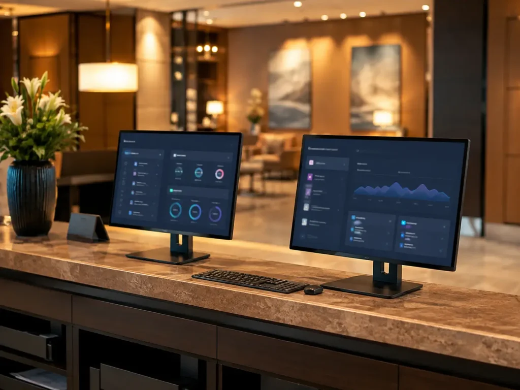 Sistema de control hotelero (PMS) en un ordenador, mostrando la gestión de reservas y disponibilidad para optimizar operaciones.